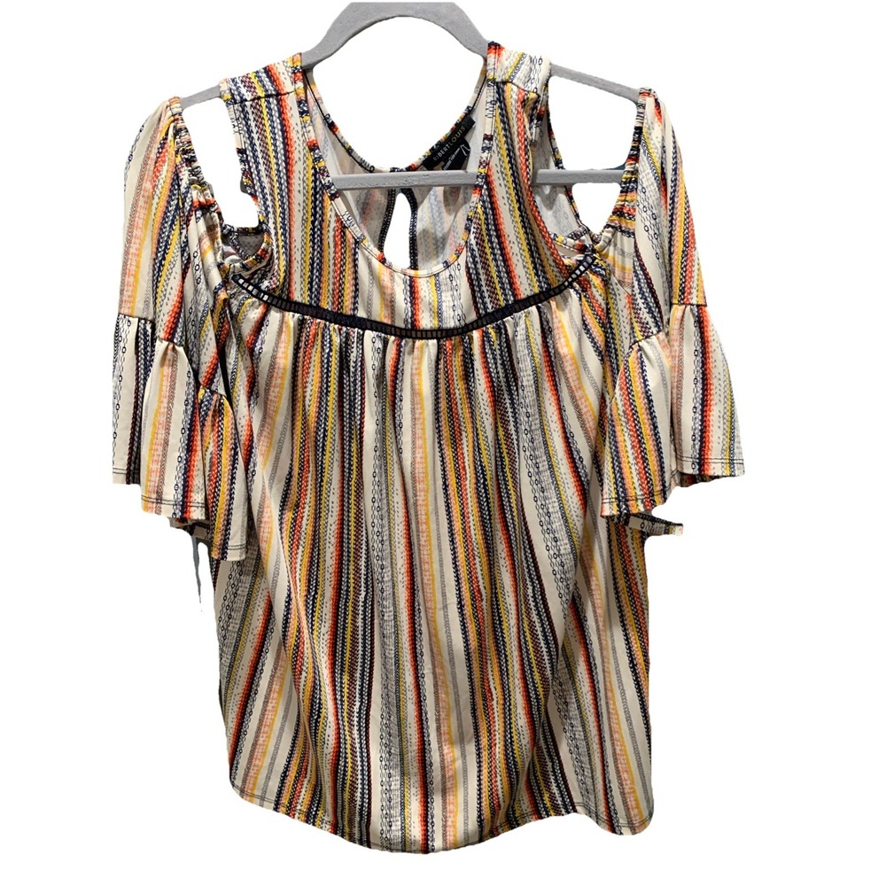 Robert Louis Boho Peek A Boo Shoulder Bell Sleeve Striped Top Womens Sz 2XL